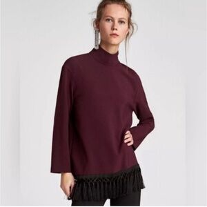 Zara Burgundy Long Top with Black Fringe Hem Funky Groovy Tunic size Medium